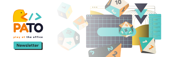"Newsletter banner featuring PATO logo and different sided dice"