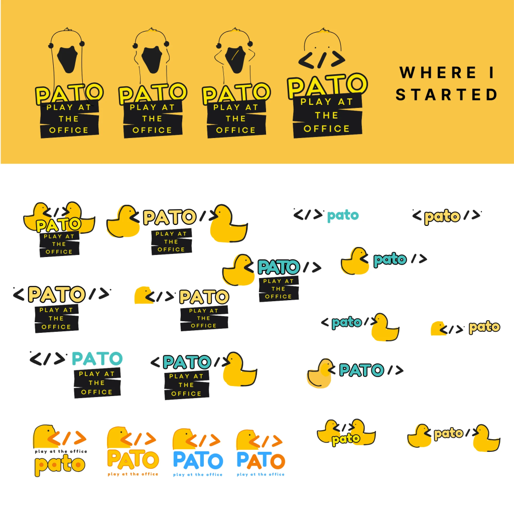 "The evolution of the PATO logo, starting with 4 silly looking ducks. Each one becoming more angular until they looked like angle brackets. Below them, several variations of the logo now using the angle brackets and a more traditional rubber duck style"