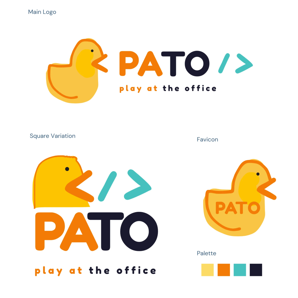"The final main logo, a yellow rubber duck with a left facing angle bracket as its bill and the words PATO play at the office between it's bill and another right facing angle bracket. In the image, there are 2 other variations on the logo and a color palette featuring yellow, orange, cyan, and dark blue gray"