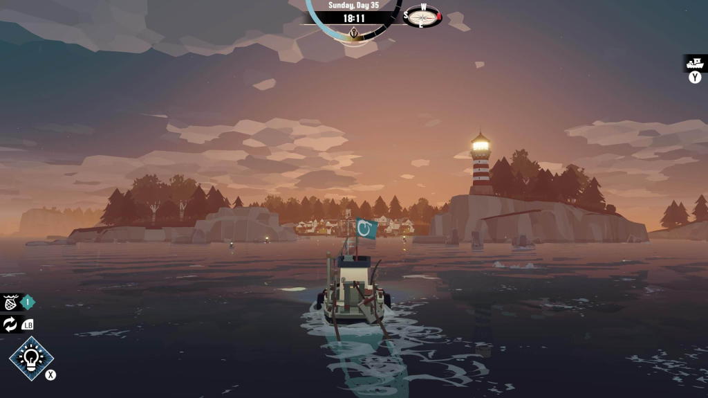 "A screenshot of Dredge, showing a fishing boat sailing towards a village surround by cliffs and trees. A bright lighthouse on the right competes with the sunset."