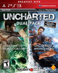 "The game covers for Uncharted 1 and Uncharted 2, featuring the main character, Nathan Drake"