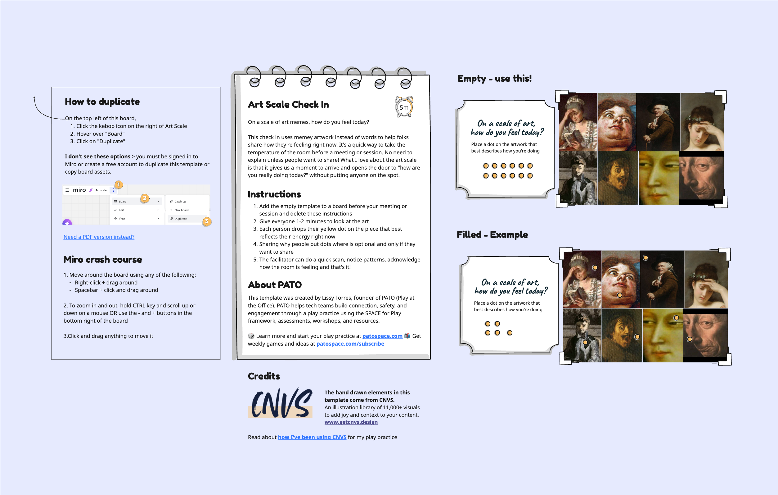 A miro template featuring instructions for use and preloaded with 8 funny meme artworks