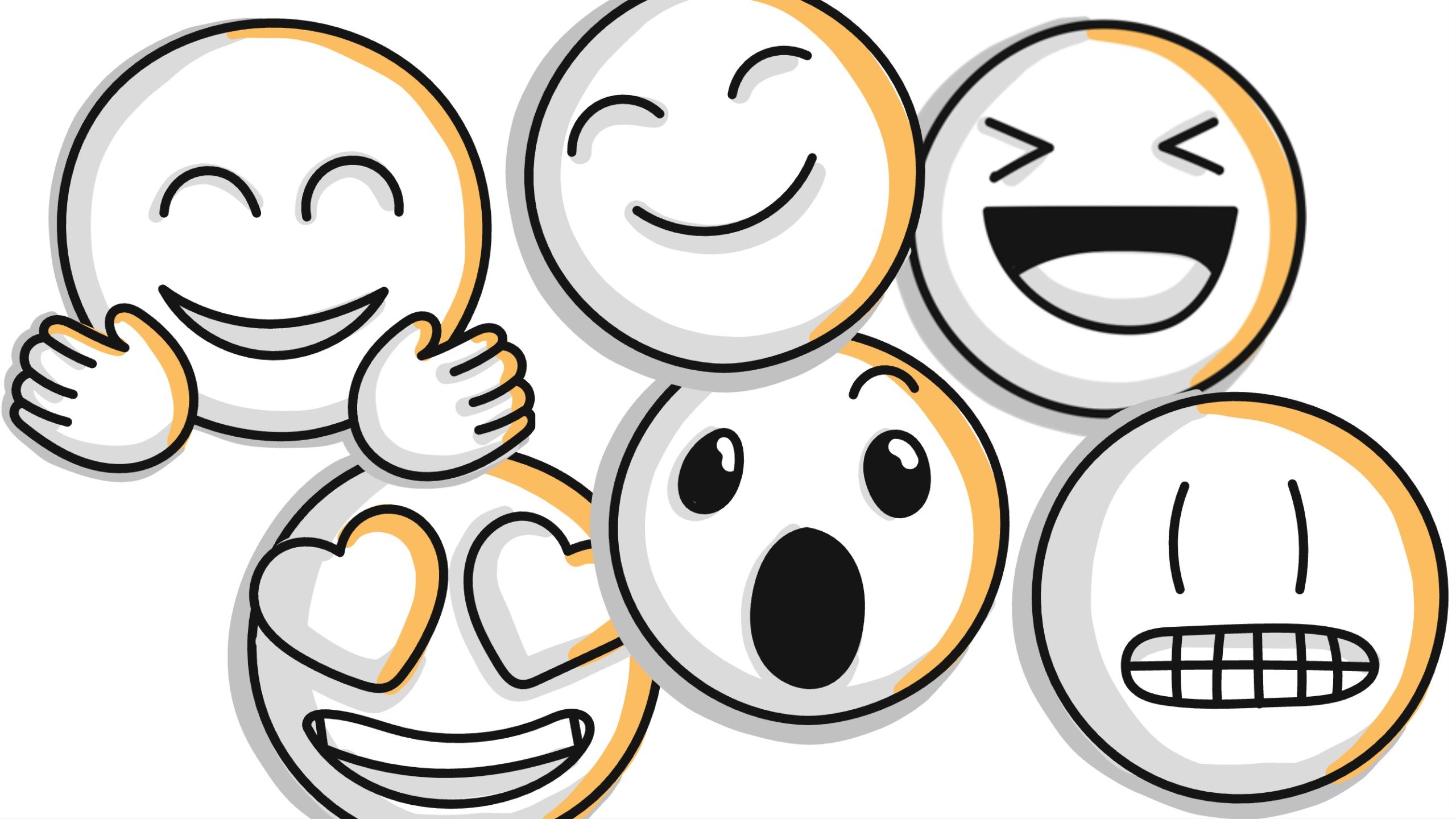 6 doodle heads float around. One with outstretched hands, one with a small smile, one with a big smile, one with heart eyes, one with a surprised face, and one with gritted teeth