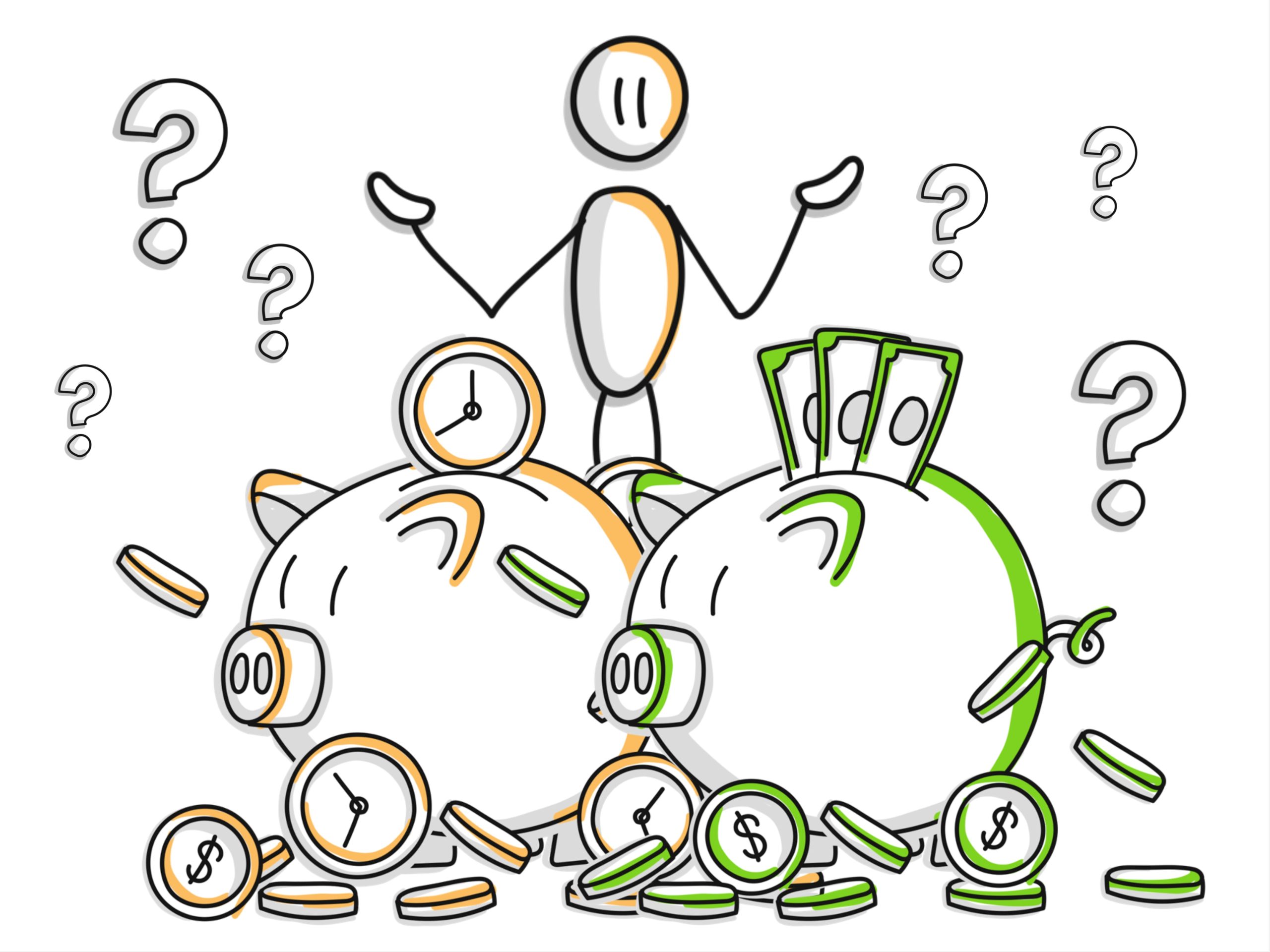Doodle of a person with palms facing up, elbows bent standing in between doodles of two pigs each representing time or money