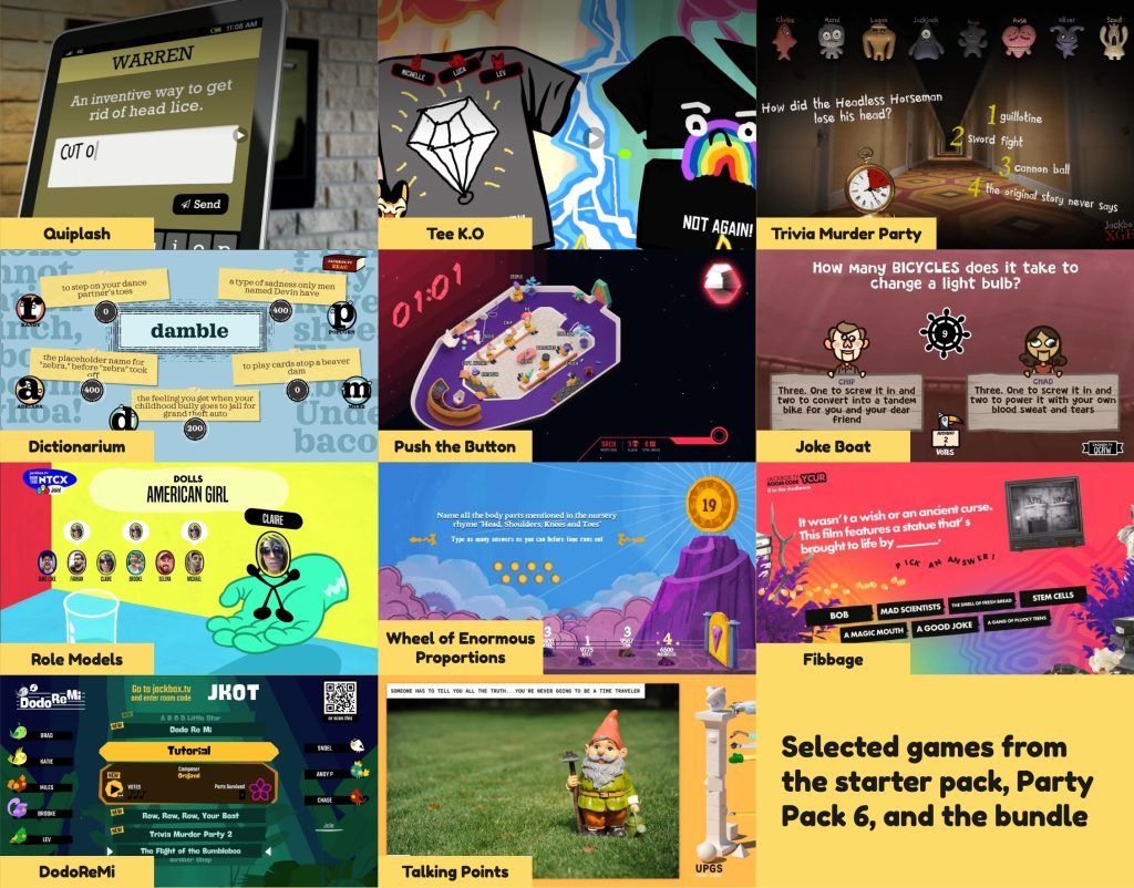 Screenshots of selected games from the starter pack, party pack 6, and quintpack bundle